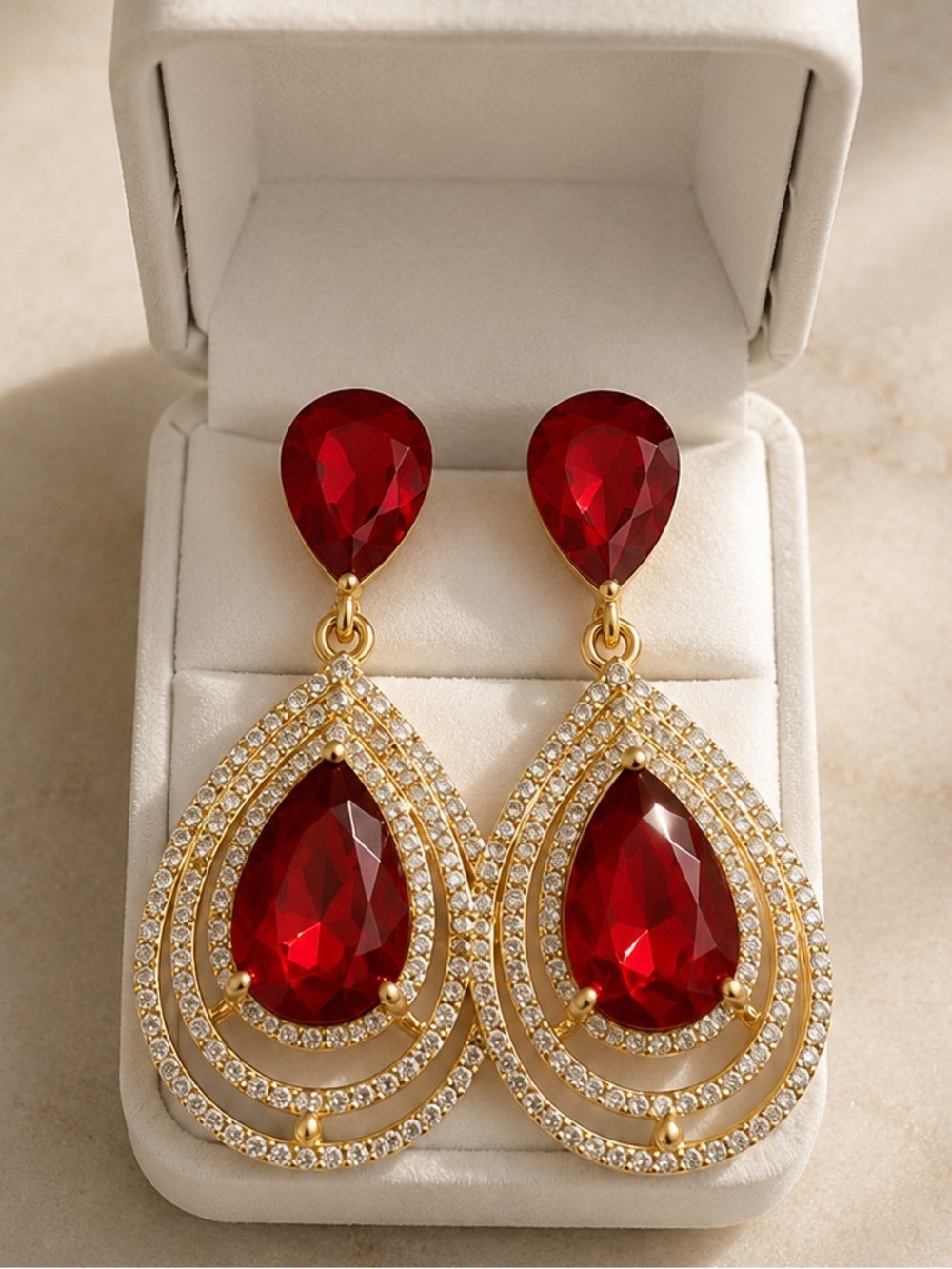 Elegant Gold-Trim Red Teardrop Dangle Earrings